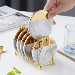 6Pcs Cup Coasters For Drinks With Holder Marble Ceramic Placemat Coaster Set Super Hot&Cold Drink Mats Pads Table Decorate Gift