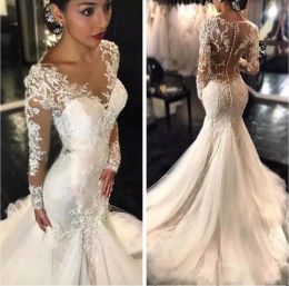 New Gorgeous Lace Mermaid Wedding Dresses Dubai African Arabic Petite Long Sleeves Bridal Gowns Buttons Back Custom Made Wedding Dresses