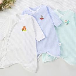 Sommar baby romper fast färg tryck långärmad jumpsuit för spädbarn pojke flicka onepiece bodysuit pyjamas bomull småbarn kläder 240325