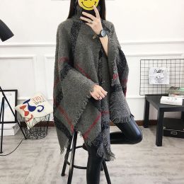 Spring Autumn Women's Shawl New High Neck Loose Tassel Cloak Sweater Coat Large Knitted Girl Casual Keep Warm Yellow