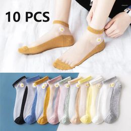 Women Socks CHRLEISURE 10PCS Ladies With Little Daisy Flower Crystal Thin Boat 10 Pairs Mix And Match