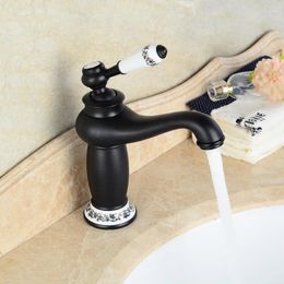 Bathroom Sink Faucets Faucet Black Oil Rubbed Brass Finish Ceramic Flower Pattern Basin Single Handle Water Taps Anf504