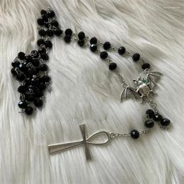 Pendant Necklaces Black Crystal Vampire Rosary Necklace Vampice Bat Ankh Long Cross For Men Women Gothic Occult Jewellery