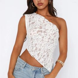 Women's Tanks Women Y2K Fairy Lace Cami Top Sexy One Shoulder Sleeveless Sheer Mesh Cropped Tank Coquette Aesthetic Clothes