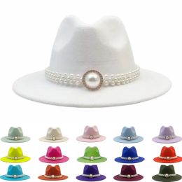 Classic Pearl Chain Fedora Hat for Men Women Wool Felt Wide Brim Hat Retro Wide Brim Floppy Panama hat Chain Hat wholesale