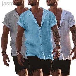 Men's Casual Shirts Cotton Linen Hot Sale Mens Short-Sleeved Shirts Summer Solid Color Stand-Up Collar Casual Beach Style Plus Size 2449