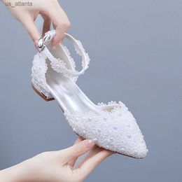 Dress Shoes Crystal Queen Women White Lace Wedding High Heels Pumps Sweet Princess Party Sandals Mary Janes Flat H240409