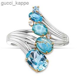 2PCS Wedding Rings Classic Female Turquoise Oval Rings Charm Silver Colour Engagement Ring Vintage Aqua Blue Zircon Stone Wedding Jewellery For Women