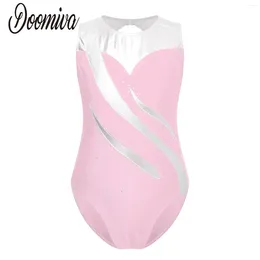 Stage Wear Kids Girls Leotard Gymnastic Rhythmic Performance Costume Metallic Contrast Color Patchwork Sleeveless Bodysuit Ballet Dancewear