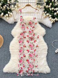 Casual Dresses SINGREINY Strap Transparent Mesh Sundress Ladies 2024 Style Sleeveless Split Design Embroidery Floral Slim Fit Sexy Dress