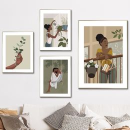 Abstract African Black Girl Swing Hand Flower Art Canvas Painting Nordic Posters And Prints Wall Pictures For Living Room Decor