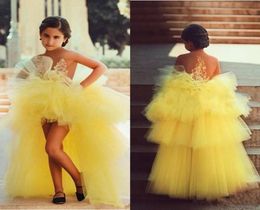 Yellow Kids Formal Wear 2019 Flower Girl Dress for Wedding Aline High Low Organza Tulle Little Pageant Gowns with Appliques8555740