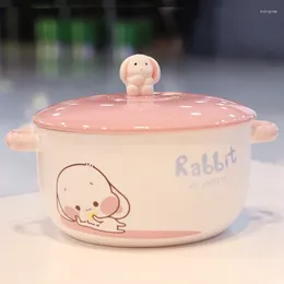 Bowls Cartoon Creative Instant Noodles Bowl With Lid Ceramic Cute Student Job Soup