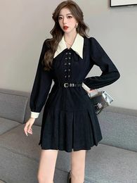 Casual Dresses Autumn Winter Black Corduroy Chic Bow Bandage Short Dress Women Elegant Polo Collar 2024 Korean Vintage Night