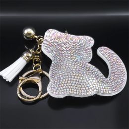 White Crystal Cat Keychain for Women Alloy Rhinestone Gold Colour Tassel Animal Kitten Key Ring Bag Accessories Jewellery KXS05