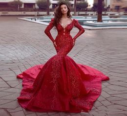 Gorgeous 2021 Red Mermaid Prom Dresses Long Evening Gowns Open Back Appliqued Lace Long Sleeve Formal Party Gown Elegant2019288