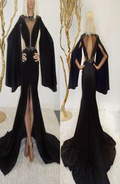 2021 Black Mermaid Evening Dress With Wrap Jewel Neck Sequins Beaded Lumbar Prom Dress Open Back High Front Split Ruffle Formal Pa7755468