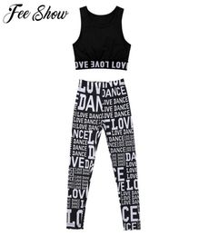 Girls Ballet Dance gymnastics leotard Gym Workout Athletic Outfit Letter Printed Sleeveless ONeck Tanks Crop Top with Leggings6441760