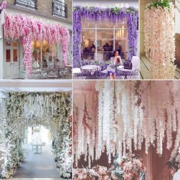 12PCs Artificial Wisteria Flowers Hanging Garland Vine Rattan Fake Silk Flower String For Wedding Arch Indoor Garden Decoration