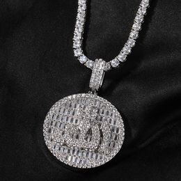 Top Quality Punk Hip Hop Cubic Zirconia Disc Symbol Pendant Necklace for Mens Versatile Gold Plated Trendy Necklace Accessories Bling Bling Gemstone Party Collar