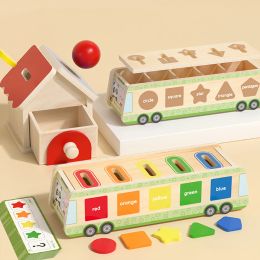 Montessori Wooden Car Toy House Throwing Game Colour Sorting Shape Matching Ball Coin Drop Fine Motor Training Educational Toys