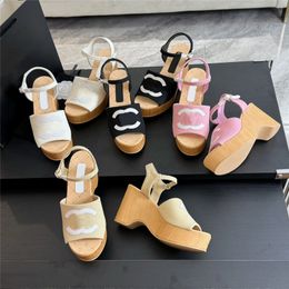 High quality Ankle Strap High Heels Wedge Sandals famous brand Thick Bottom Women Summer Open Toe Platform Wooden sole Sandals Weave Cross Band Chunky Heeled