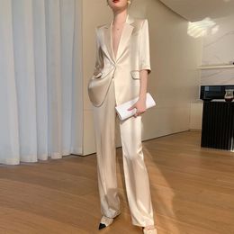 Summer Spring One Button Half Sleeve Blazer Jacket Coat Casual Twopiece Elegant Womens Trousers Office Lady Suit 240329