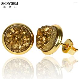 Stud Earrings ShinyGem Irregular Natural Stone Druzy 6mm/8mm/10mm Round Sparkling Crystal Gold Colour Female Delicate And Lovely