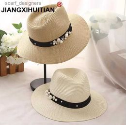 Wide Brim Hats Bucket Hats 2018 simple Earl stereoscopic Pearls summer hat Stitching Colour Beach holiday straw sun hats for women summer style hat Y240409