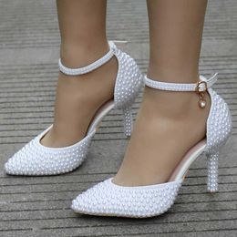 Dress Shoes Crystal Queen Pointed Toe White Pearl Wedding Thin Heels Bridal High Female Party Ankle Strap Sandals H240409 11ZR
