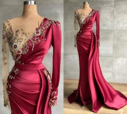 DHL Fantastic Gold Embroidery Beads Appliqued Evening Dresses Vintage Dark Red Sheer Long Sleeve Pleats Prom Party Gowns Vestidos 9381338