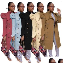 Women'S Trench Coats Womens Khakuble Breasted Classic Women Coat Elegant Long Puff Sleeve Loose Windbreaker High Street Female Slim Dr Dhwbj