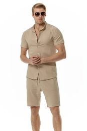 Summer Mens Set Cotton Linen Henry Neck Beach Casual Solid Short Sleeve Shorts 240409