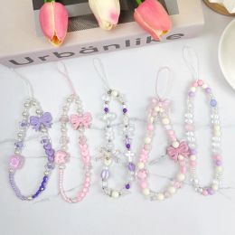 Soft Girl Bowknot Phone Chain Colourful Beads Beads Charms Short Beads Beads Chain Portable Lanyard Phone Case Anti Loss Chain