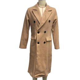 New Women Long Jacket Slim Fit Double Breasted Solid Colour Woollen Coat Autumn Winter Turndown Collar Outerwear Overcoat