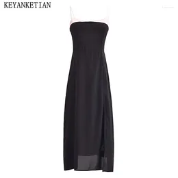 Casual Dresses KEYANKETIAN 2024 Launch Women's Contrast Colour Seam Detail Slip Dress Summer Fashion Sexy Backless Side Split MIDI