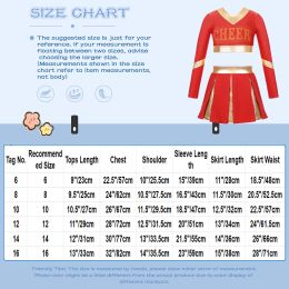 Kids Girls Cheerleader Costume Cheerleading Dance Uniform Outfits Rhinestone Cheer Print Crop Top with Pleated Skirt Pompoms Set