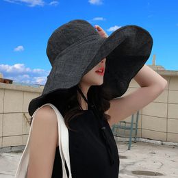 Summer Cap Wide Brim 18cm Linen Sun Hats for Women Uv Protection UPF 50 Sunshade Foldable Bucket Hat Beach Outing Panama240409