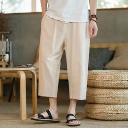 Men's Pants Summer Casual Shorts Linen Cotton Seven-Point Chinese Style Loose Wide-Legged Simple Trendy Solid B128