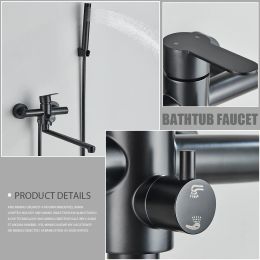 Matte Black Hot and Cold Bathtub Shower Faucet Swivel Tub Spout Wall Mounted Bath Mixer Waterfall Bathtub Tap with Handheld Show