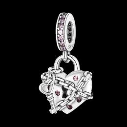 100% 925 Sterling Silver Heart Padlock Lock Key Love Lucky Family Pendant Beads Fit Original Pandora Charms Bracelet DIY Jewellery