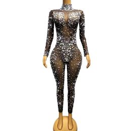 Sexy Stage Big Pearls Crystals Rhinstones Transparent Jumpsuit Evening Birthday Celebrate Outfit Dancer Photoshoot Rompers