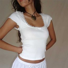 Women's T-Shirt Y2K retro baby T-shirt Cotton lace decoration knit T-shirt summer square neckline short sleeved T-shirt womens white milkshake top J240409