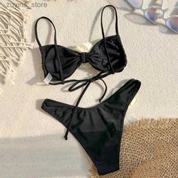 Women's Swimwear Womens Swimwear Sexy Flower Bandeau Thong Bikini 2024 Women Lace-up Swimsuits Swimming Bathing Suit Brazilian Bikinis Set Mujer Biquini L49