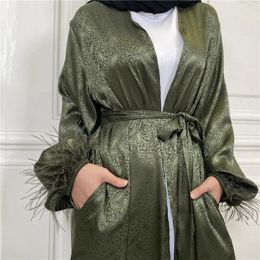 Ethnic Clothing Feather Satin Eid Ramadan Muslim Women Open Abaya Turkey Islamic Cardigan Kimono Maxi Dress Kaftan Femme Musulmane Robe