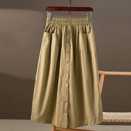 Washed Pure Cotton Casual Elastic Waist Aline Skirt Women Show Thin Temperament Korean Fashion Versatile Single Breasted 240408