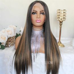 Highlight Honey Blonde Straight Synthetic Lace Front Wig for Women 1B 27 Colored Transparent Lace Wig Heat Resistant Fiber Wig