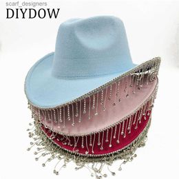 Wide Brim Hats Bucket Hats Colorful Cowboy Hat Rhinestone Tassel Trim Fedora Hat Women Men Party Hat Fashion Jazz Cap Elegant Cowgirl Hat Y240409
