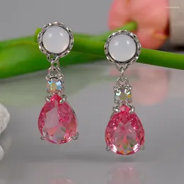 Dangle Earrings Fashion Cute Girls Pink Water Drop Boho Silver Colour Zircon Stone Crystal Long For Women