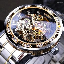 Wristwatches Men Mechanical Skeleton Wrist Watch 1pc Silver Exquisite Diamond Gear Movement Business Luxury Gift